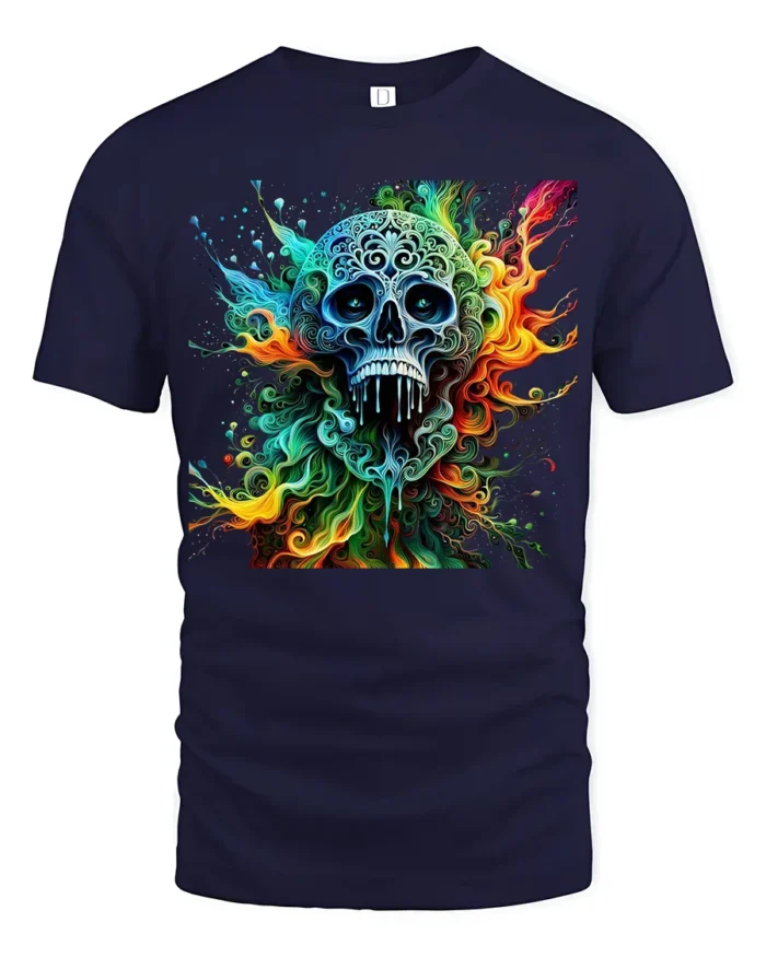 Ornate Sugar Skull Tee Colorful Day of the Dead T-Shirt - navy t-shirt on white background