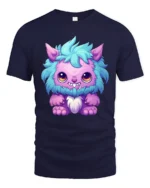 Cute Fluffy Monster Tee Adorable Cartoon Creature T-Shirt - navy t-shirt on white background