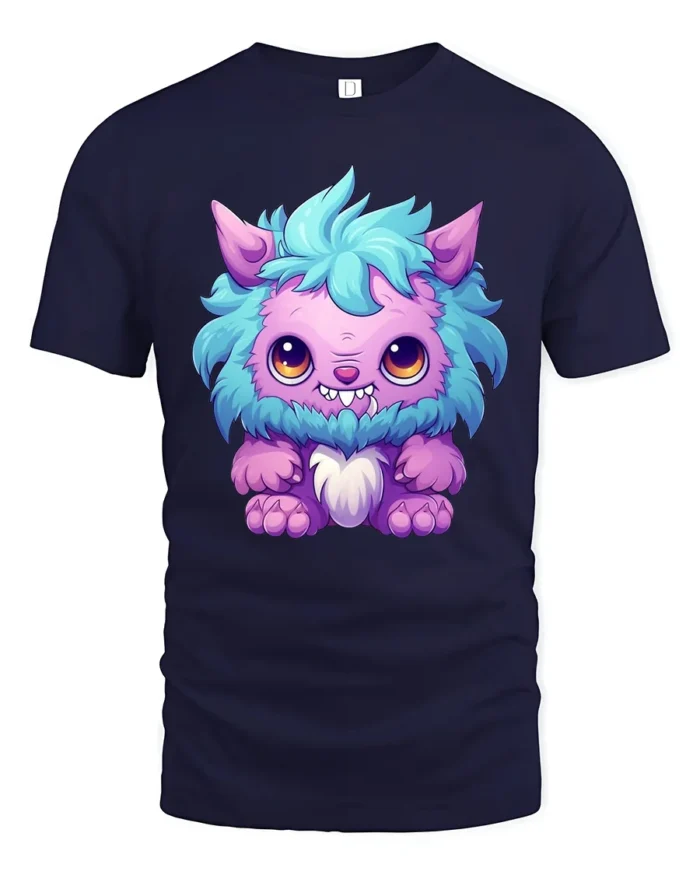Cute Fluffy Monster Tee  Adorable Cartoon Creature T-Shirt - navy t-shirt on white background