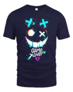 Game Over Smiley Tee Distressed Gamer Graphic T-Shirt - navy t-shirt on white background
