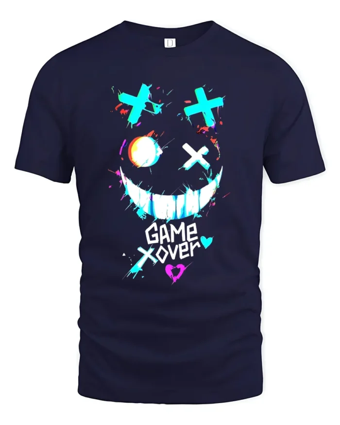 Game Over Smiley Tee Distressed Gamer Graphic T-Shirt - navy t-shirt on white background