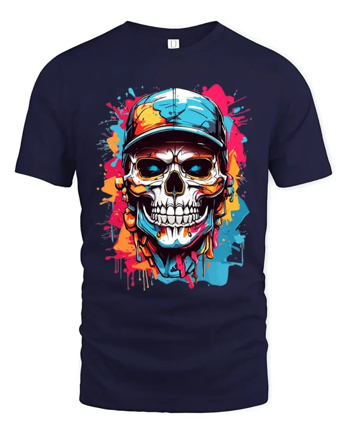 Street Style Skull T-Shirt Colorful Skull with Hat Tee - navy t-shirt on white background