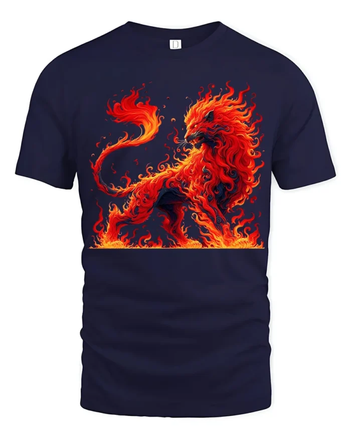 Fire Lion Graphic Tee Majestic Burning Animal T-Shirt - navy t-shirt on white background