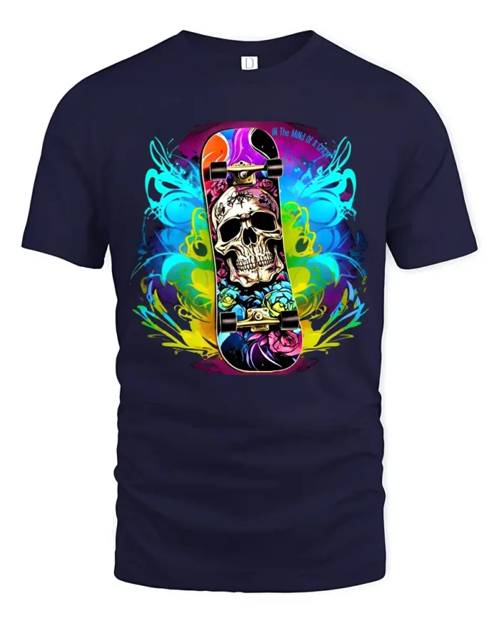 Skull Skateboard Tee Colorful Skeleton Rider T-Shirt - navy t-shirt on white background