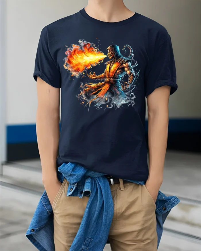 Scorpion Fire Tee Mortal Kombat Game Graphic T-Shirt - model wearing navy shirt, hands in pockets