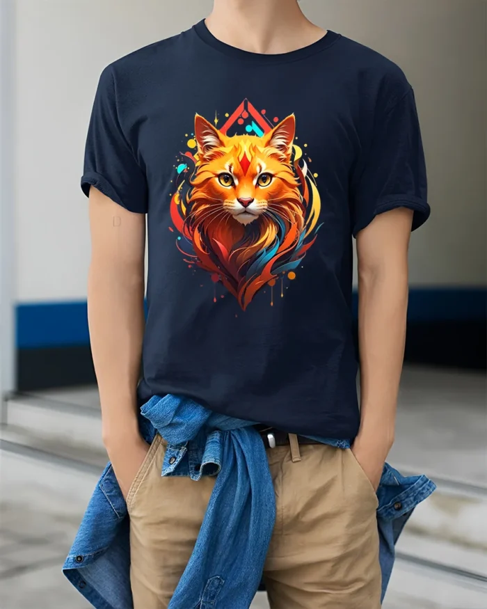 Radiant Cat Face Tee Artistic Feline Lover T-Shirt - model wearing navy shirt, hands in pockets