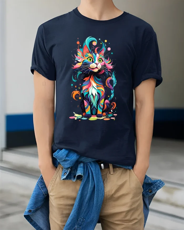 Psychedelic Kitty T-Shirt Vibrant Abstract Cat Tee - model wearing navy shirt, hands in pockets