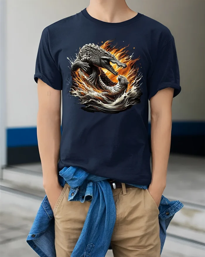 Croc Jaguar Clash Tee Fierce Animal Battle Graphic T-Shirt - model wearing navy shirt, hands in pockets