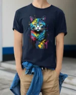 Color Burst Kitty Tee Unique Abstract Cat Graphic Tee - model wearing navy shirt, hands in pockets