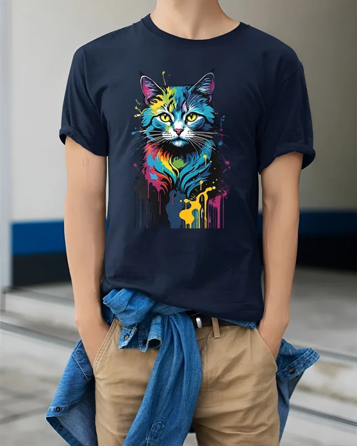 Color Burst Kitty Tee Unique Abstract Cat Graphic Tee - model wearing navy shirt, hands in pockets