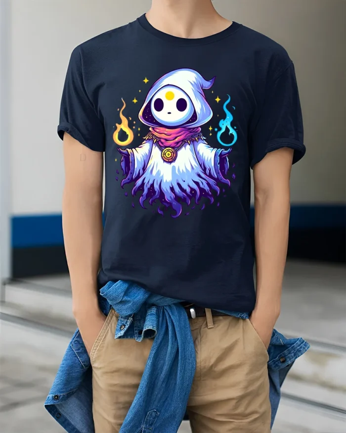 Cute Magic Hood Tee Whimsical Sorcerer Graphic T-Shirt - model wearing navy shirt, hands in pockets