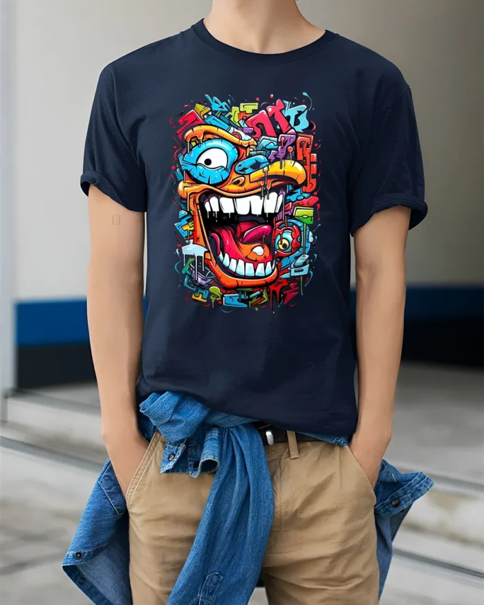 Urban Beast Graphic Tee Funny Graffiti Face T-Shirt - model wearing navy shirt, hands in pockets