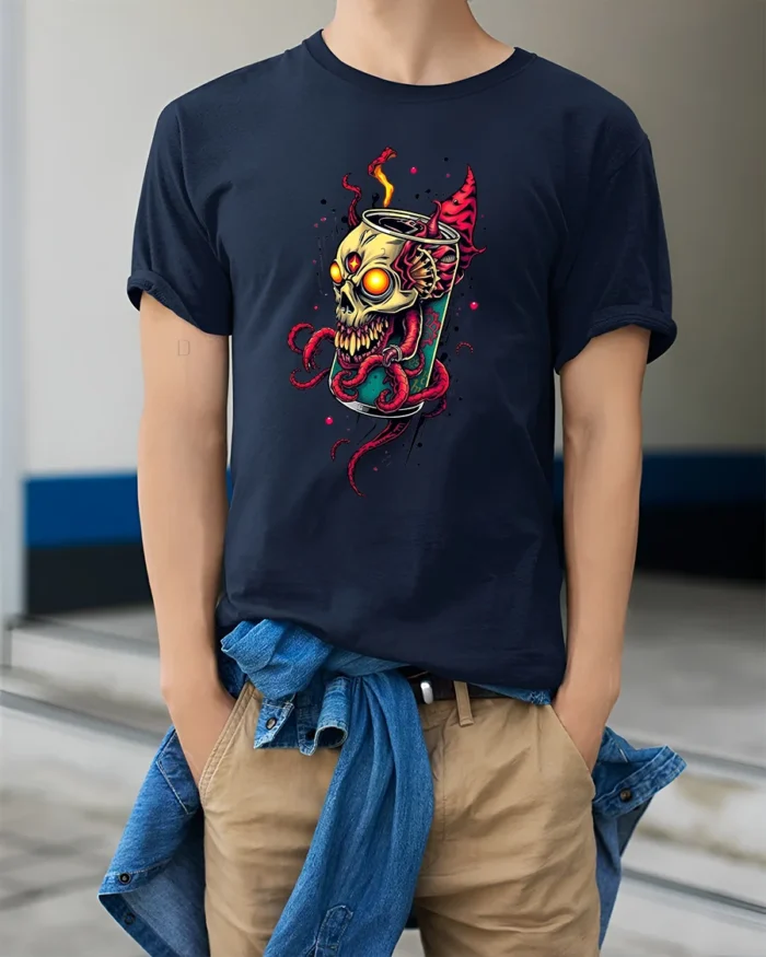 Toxic Soda Skull Tee Edgy Skeleton Drink T-Shirt Now - model wearing navy shirt, hands in pockets