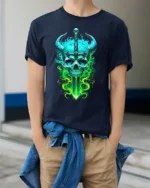 Horned Skull Sword Tee Fantasy Warrior Graphic T-Shirt - model wearing navy shirt, hands in pockets