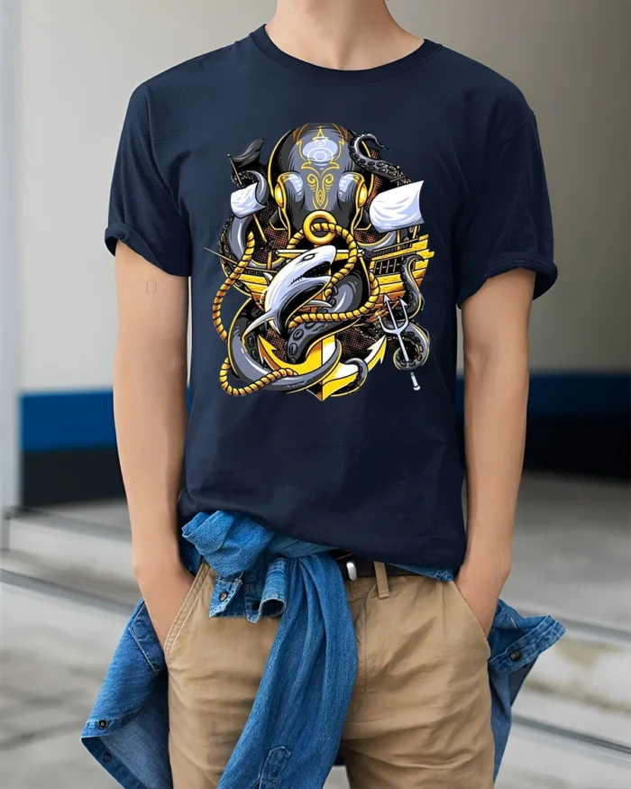 Kraken Attack Shark T-Shirt Ocean Monster Anchor Tee - model wearing navy shirt, hands in pockets