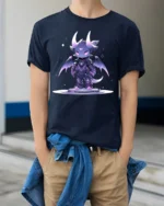 Cute Chibi Dragon Tee Adorable Fantasy Creature T-Shirt - model wearing navy shirt, hands in pockets