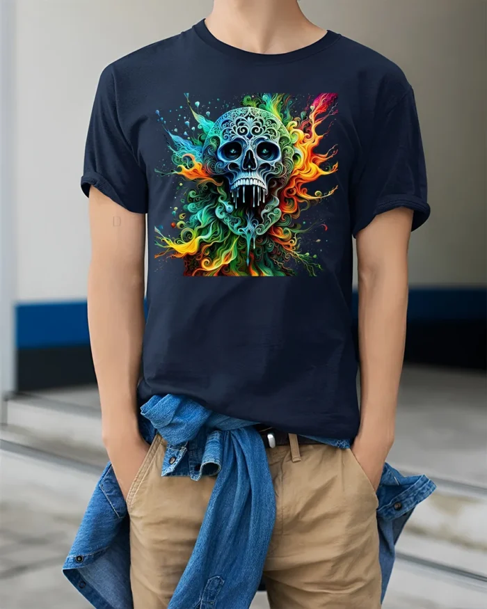 Ornate Sugar Skull Tee Colorful Day of the Dead T-Shirt - model wearing navy shirt, hands in pockets