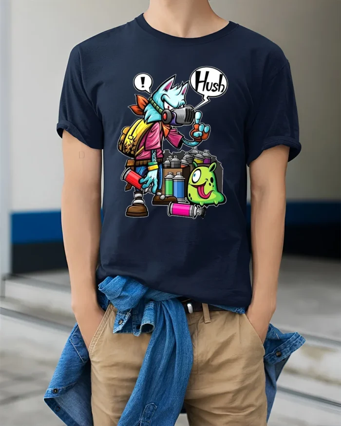 Spray Can Wolf Tee Cool Urban Style Animal Tee - model wearing navy shirt, hands in pockets