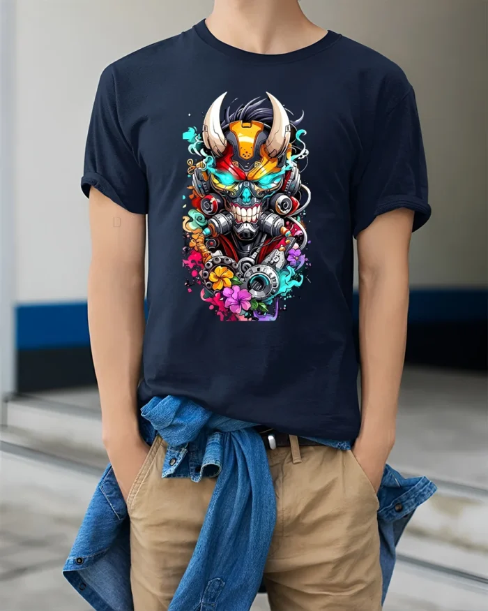 Cyberpunk Oni T-Shirt Futuristic Japanese Demon Tee - model wearing navy shirt, hands in pockets