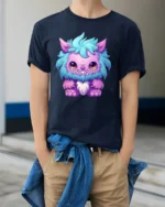 Cute Fluffy Monster Tee Adorable Cartoon Creature T-Shirt - model wearing navy shirt, hands in pockets