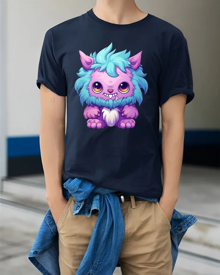 Cute Fluffy Monster Tee  Adorable Cartoon Creature T-Shirt - model wearing navy shirt, hands in pockets