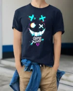 Game Over Smiley Tee Distressed Gamer Graphic T-Shirt - model wearing navy shirt, hands in pockets