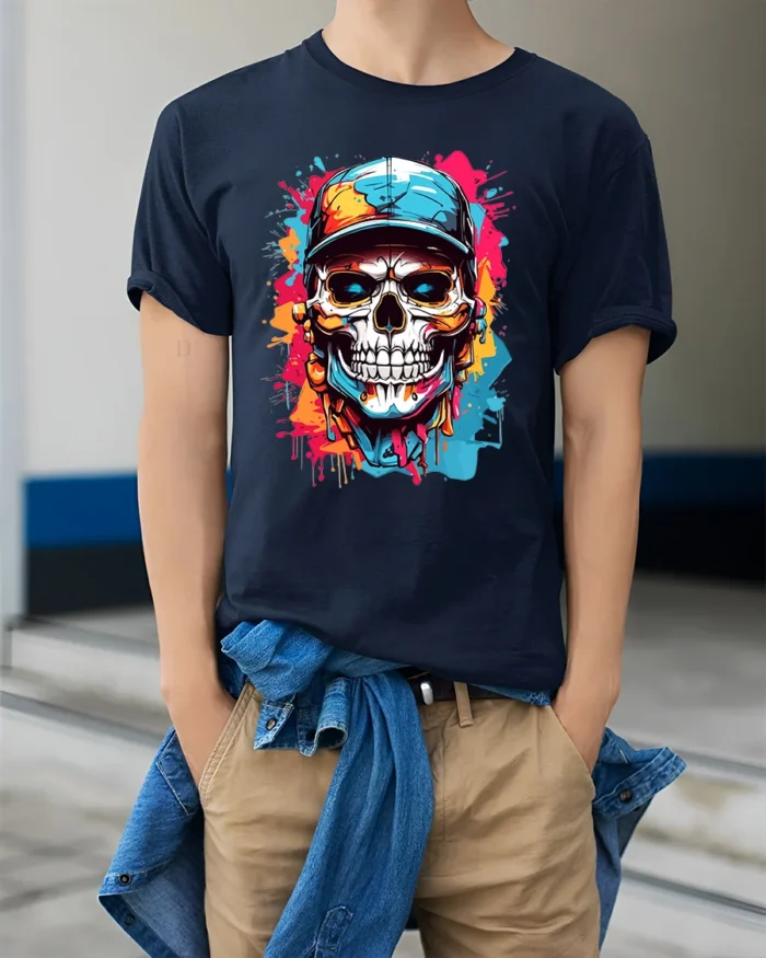 Street Style Skull T-Shirt Colorful Skull with Hat Tee - model wearing navy shirt, hands in pockets
