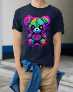 Stitched Teddy Bear Tee Unique Colorful Monster Tee - model wearing navy shirt, hands in pockets
