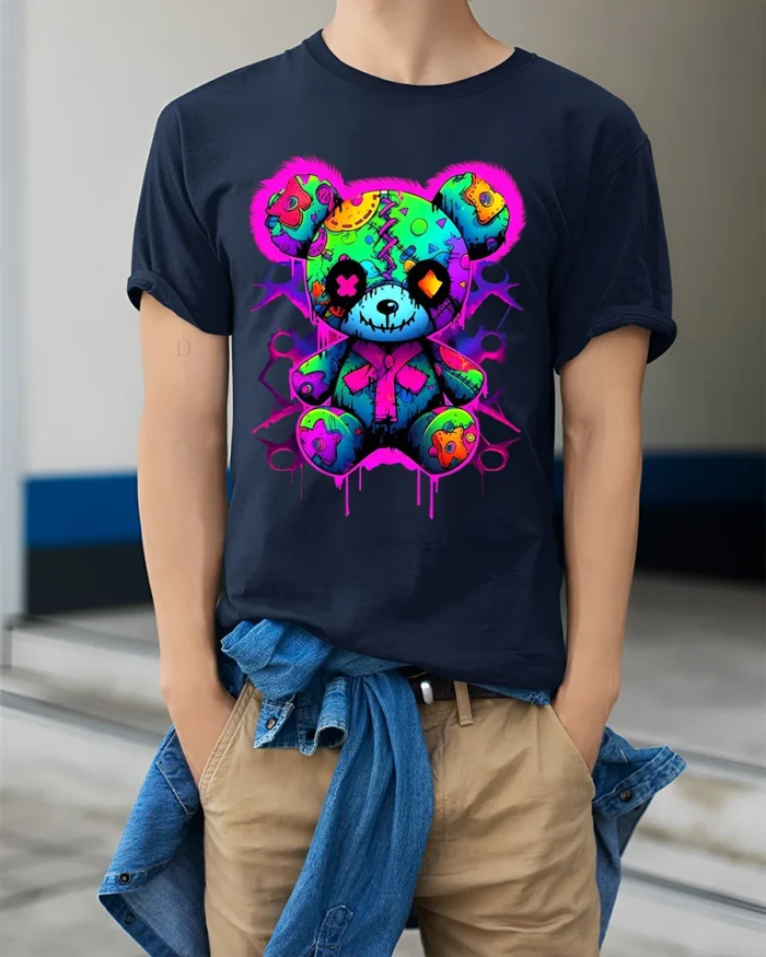 Stitched Teddy Bear Tee Unique Colorful Monster Tee - model wearing navy shirt, hands in pockets