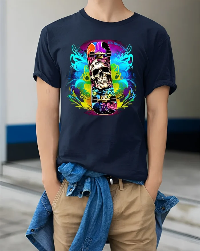 Skull Skateboard Tee Colorful Skeleton Rider T-Shirt - model wearing navy shirt, hands in pockets