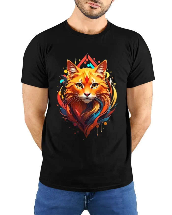 Radiant Cat Face Tee Artistic Feline Lover T-Shirt - model wearing black shirt, hands behind back