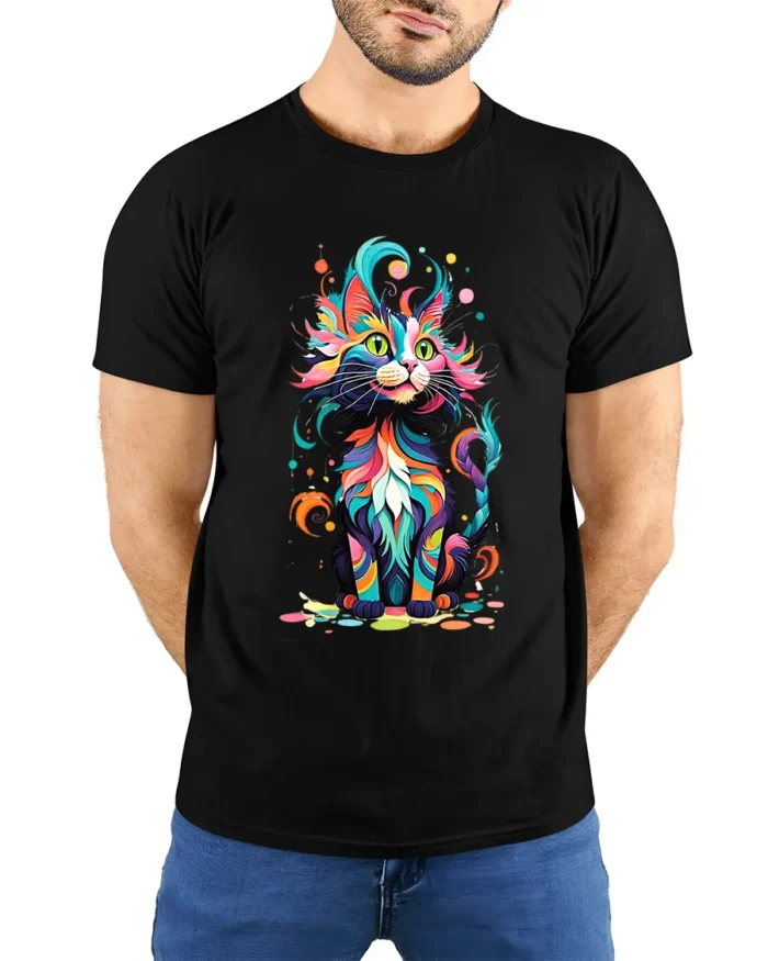 Psychedelic Kitty T-Shirt Vibrant Abstract Cat Tee - model wearing black shirt, hands behind back