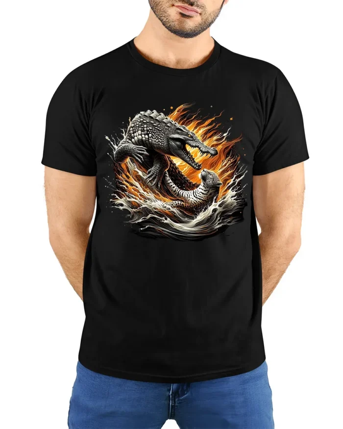 Croc Jaguar Clash Tee Fierce Animal Battle Graphic T-Shirt - model wearing black shirt, hands behind back