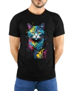 Color Burst Kitty Tee Unique Abstract Cat Graphic Tee - model wearing black shirt, hands behind back
