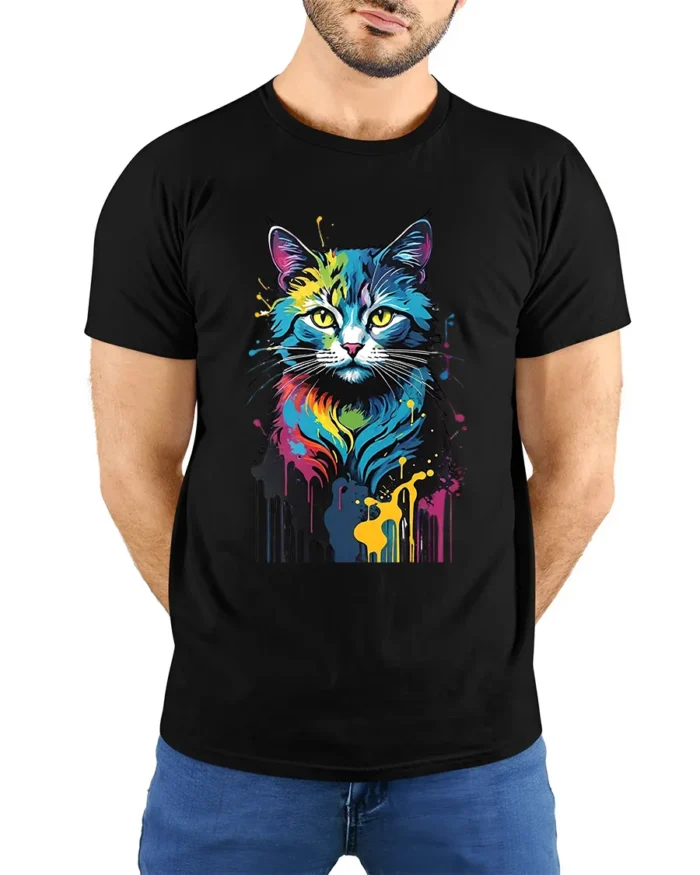 Color Burst Kitty Tee Unique Abstract Cat Graphic Tee - model wearing black shirt, hands behind back