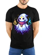 Cute Magic Hood Tee Whimsical Sorcerer Graphic T-Shirt - model wearing black shirt, hands behind back
