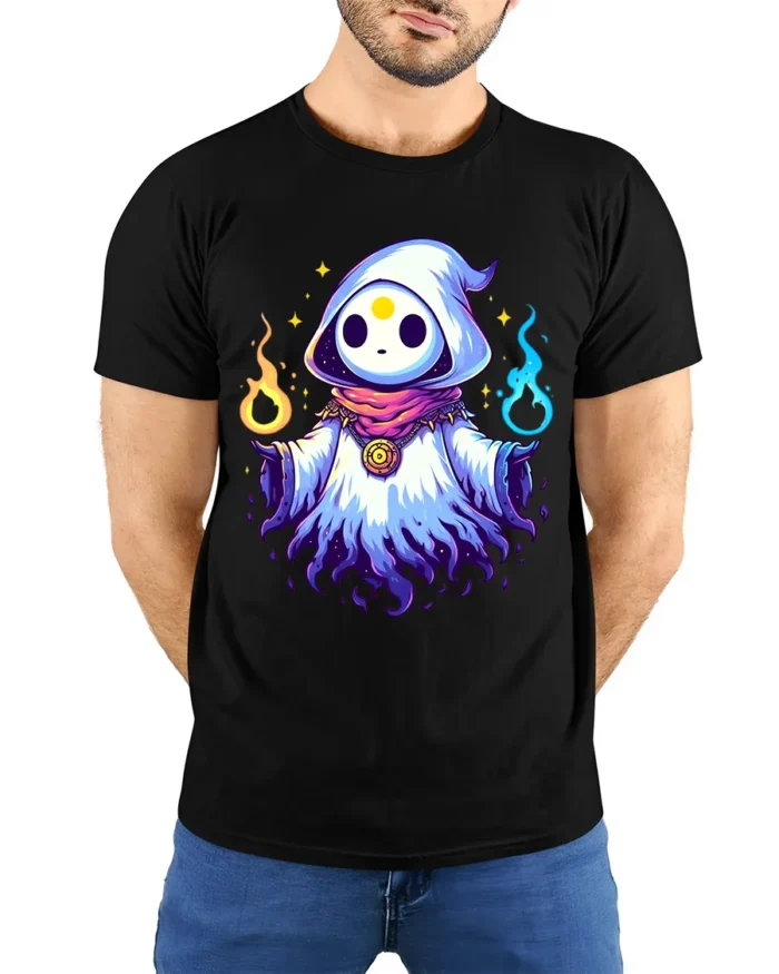 Cute Magic Hood Tee Whimsical Sorcerer Graphic T-Shirt - model wearing black shirt, hands behind back