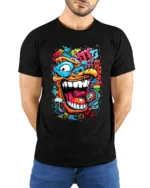Urban Beast Graphic Tee Funny Graffiti Face T-Shirt - model wearing black shirt, hands behind back