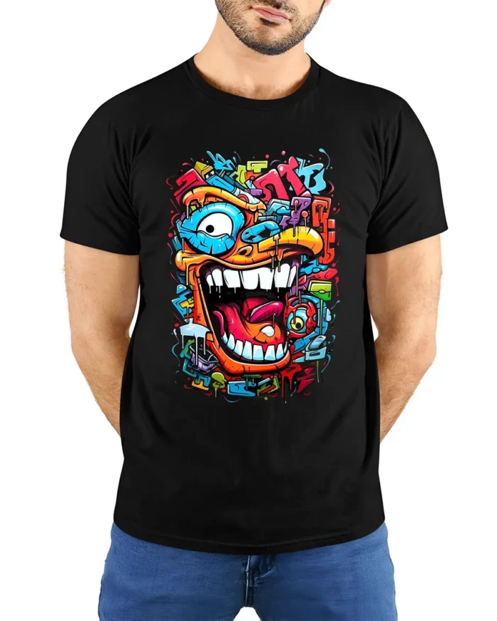 Urban Beast Graphic Tee Funny Graffiti Face T-Shirt - model wearing black shirt, hands behind back