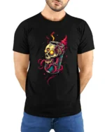 Toxic Soda Skull Tee Edgy Skeleton Drink T-Shirt Now - model wearing black shirt, hands behind back