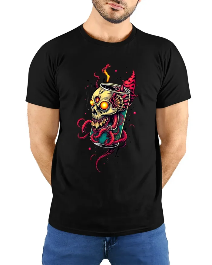 Toxic Soda Skull Tee Edgy Skeleton Drink T-Shirt Now - model wearing black shirt, hands behind back