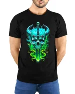 Horned Skull Sword Tee Fantasy Warrior Graphic T-Shirt - model wearing black shirt, hands behind back