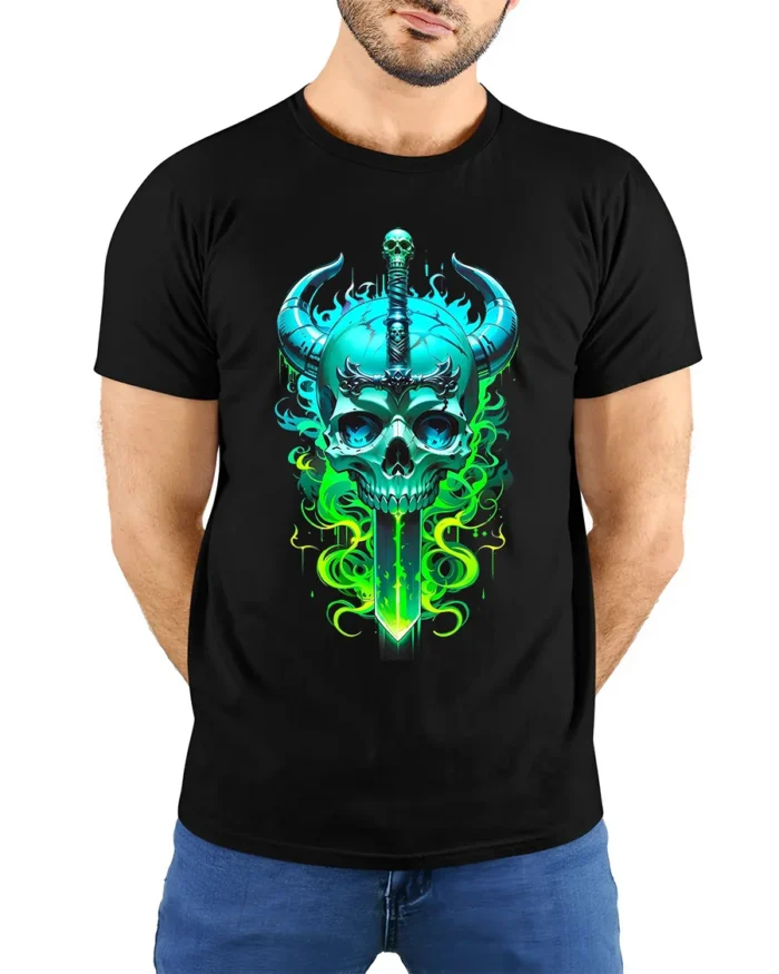Horned Skull Sword Tee Fantasy Warrior Graphic T-Shirt - model wearing black shirt, hands behind back