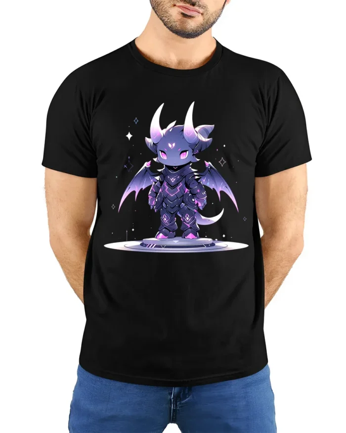 Cute Chibi Dragon Tee Adorable Fantasy Creature T-Shirt - model wearing black shirt, hands behind back