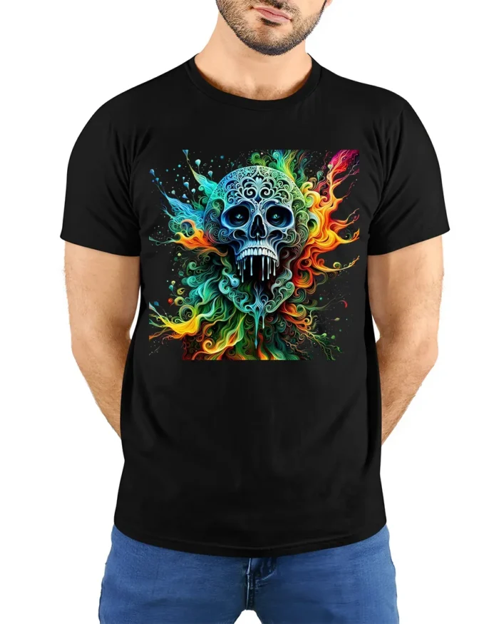 Ornate Sugar Skull Tee Colorful Day of the Dead T-Shirt - model wearing black shirt, hands behind back
