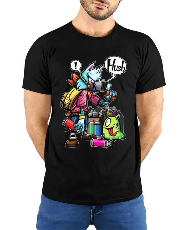 Spray Can Wolf Tee Cool Urban Style Animal Tee - model wearing black shirt, hands behind back