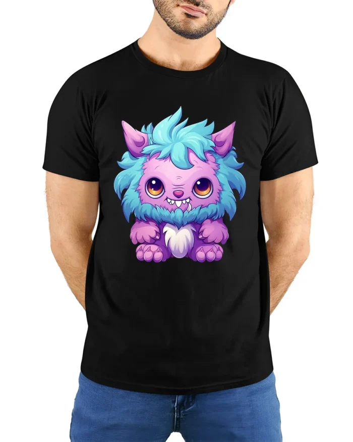 Cute Fluffy Monster Tee  Adorable Cartoon Creature T-Shirt - model wearing black shirt, hands behind back