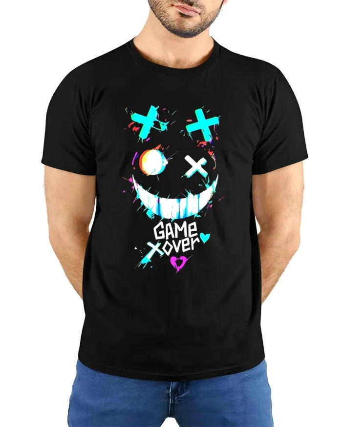 Game Over Smiley Tee Distressed Gamer Graphic T-Shirt - model wearing black shirt, hands behind back