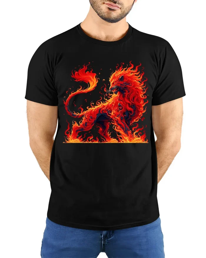 Fire Lion Graphic Tee Majestic Burning Animal T-Shirt - model wearing black shirt, hands behind back