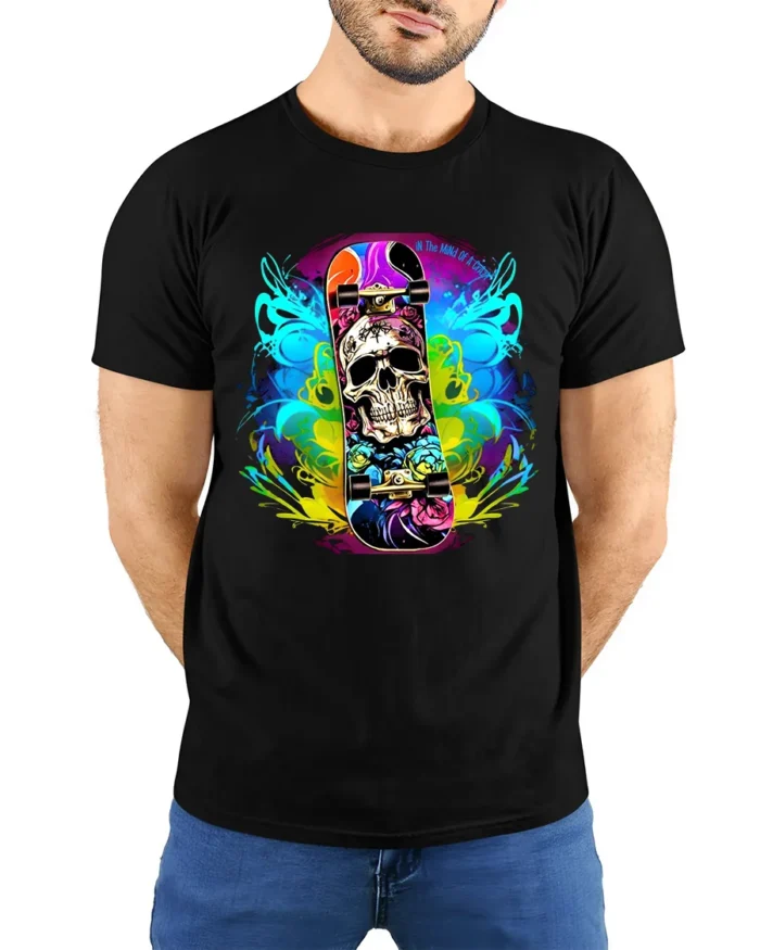 Skull Skateboard Tee Colorful Skeleton Rider T-Shirt - model wearing black shirt, hands behind back
